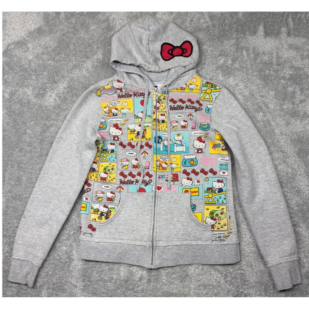 Vintage Hello Kitty Hoodie Womens L Gray Sanrio Comic Book Bow Full Zip 2007 Y2K